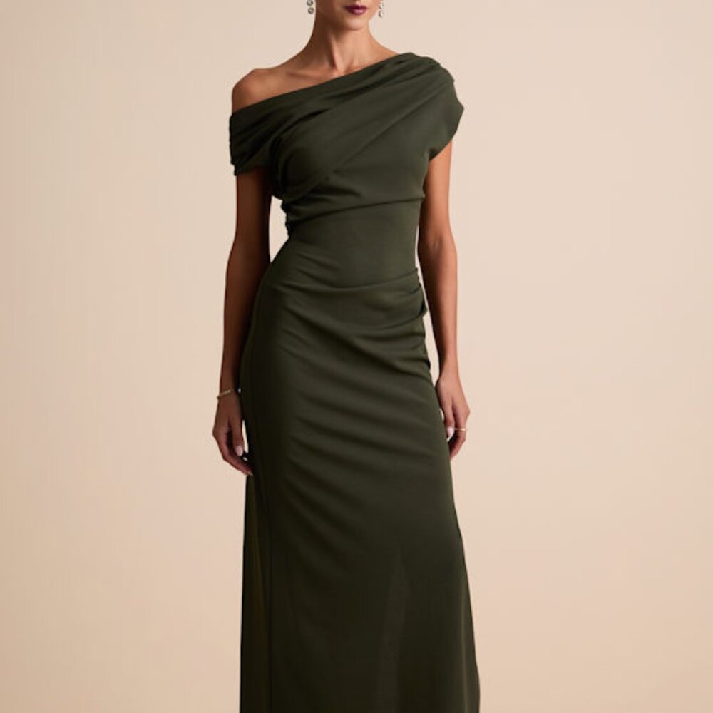 Lulus Janine Dark Olive Asymmetrical Maxi Dress Green - Size S